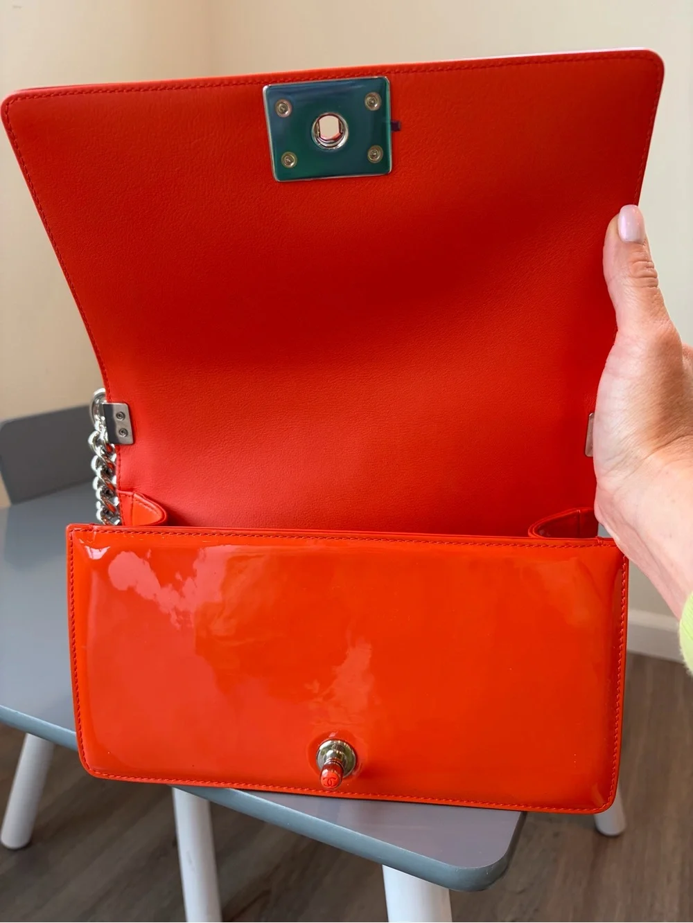CHANEL Orange Quilted Patent Leather Crossbody Boy Bag